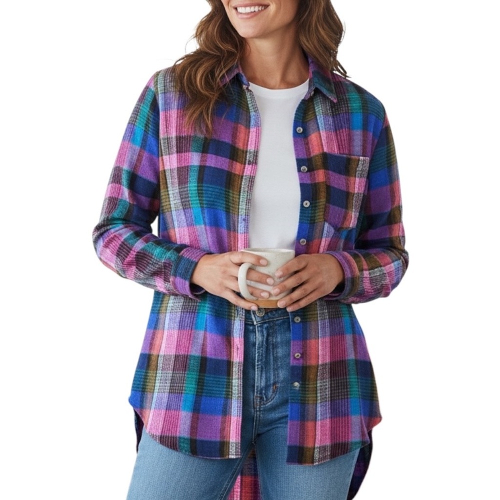 BeachLunchLounge Women’s Oversized Button Front Top Size Small Multicolor Plaid